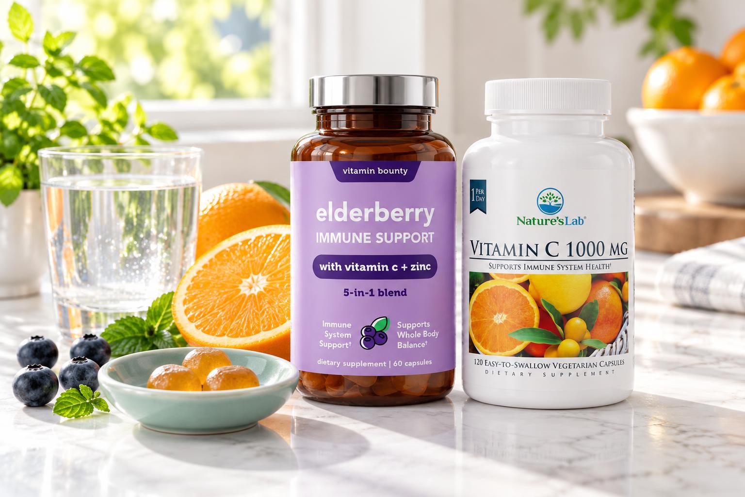 Vitamin Bounty Elderberry and Nature’s Lab Vitamin C with fresh citrus, blueberries, gummies and water on a sunlit counter